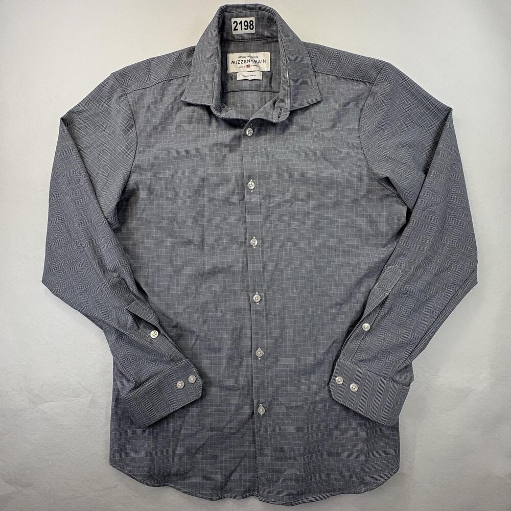 Mizzen+Main Leeward Dress Shirt Mens M Trim Fit Gray Plaid Made in USA Stretch